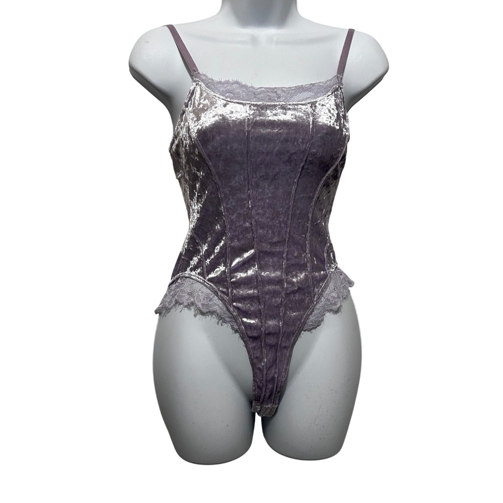 Y2K Women Fairy Coquette Bodysuit Purple Crushed Velvet Lingerie Lace Romantic